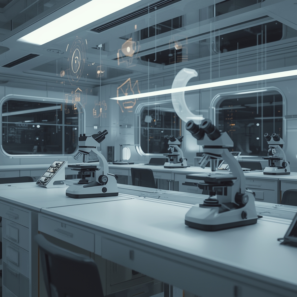 A high-tech futuristic science laboratory setup with glowing microscopes, holographic data displays floating in mid-air, pristine white desks, cinematic lighting, Nano Banana2, no people, no women